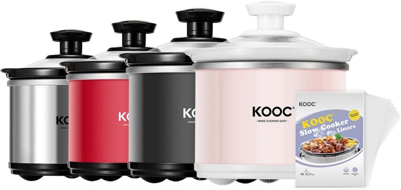 KOOC Small Slow Cooker, 0.65 Quart, Free Liners Included, Upgraded Ceramic Pot, Nutrient Loss Reduction, Sauces, Stews & Dips, Stainless Steel, Pink, Round - Image 1